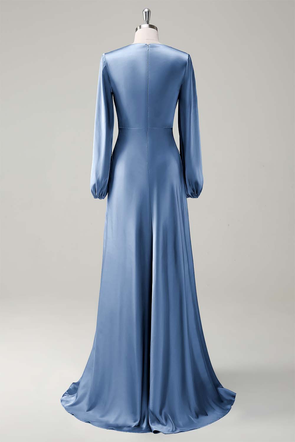 Eucalyptus Satin Round Neck Modest Bridesmaid Dress with Long Sleeves