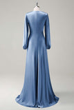 Eucalyptus Satin Round Neck Modest Bridesmaid Dress with Long Sleeves