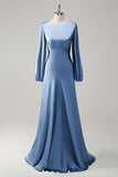 Eucalyptus Satin Round Neck Modest Bridesmaid Dress with Long Sleeves