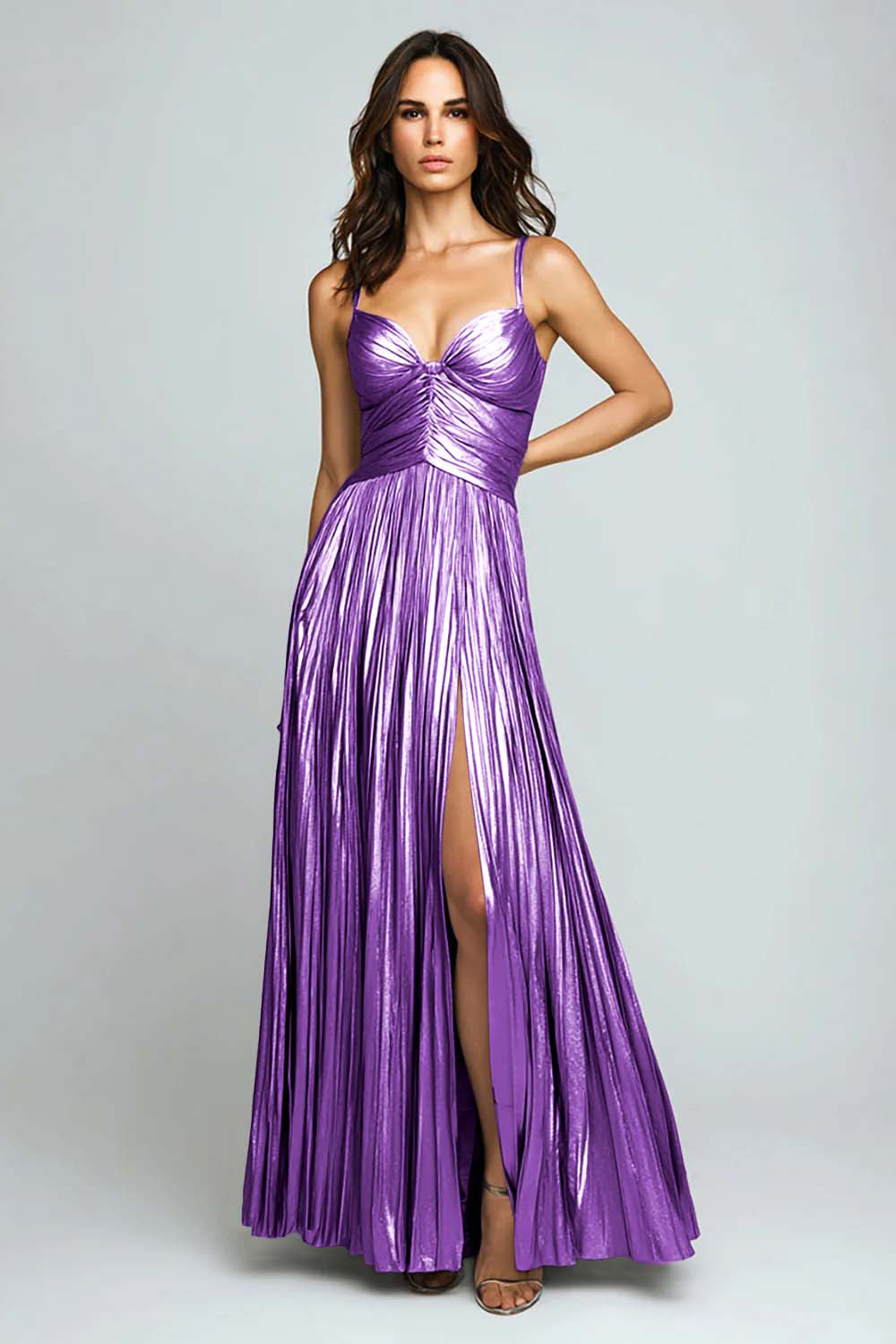 A-Line Silver Pleated Long Formal Dress With Slit
