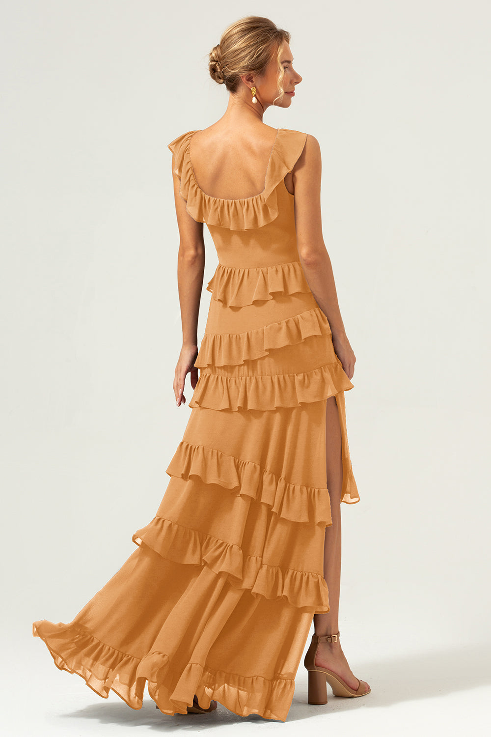 Dark Navy A Line Tiered Chiffon Maxi Bridesmaid Dress
