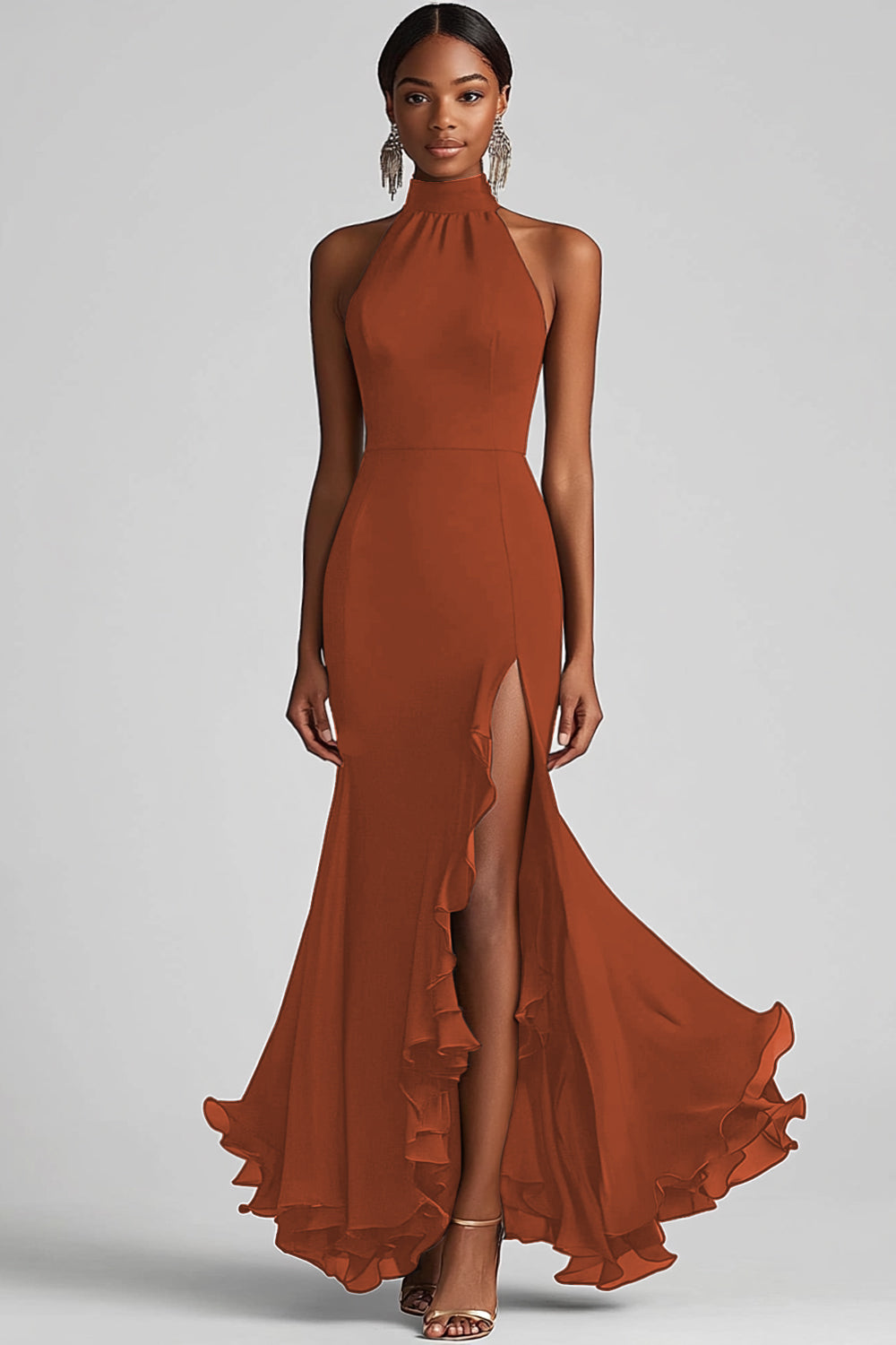 Black Halter Mermaid Formal Dress with Ruffle Hem
