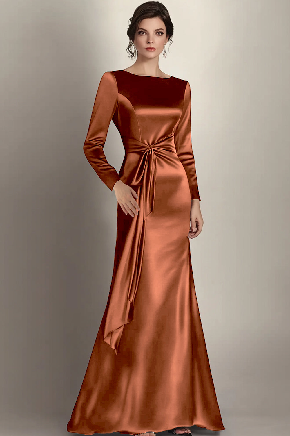 Black Column Satin Long Sleeve Mother of the Bride Dress