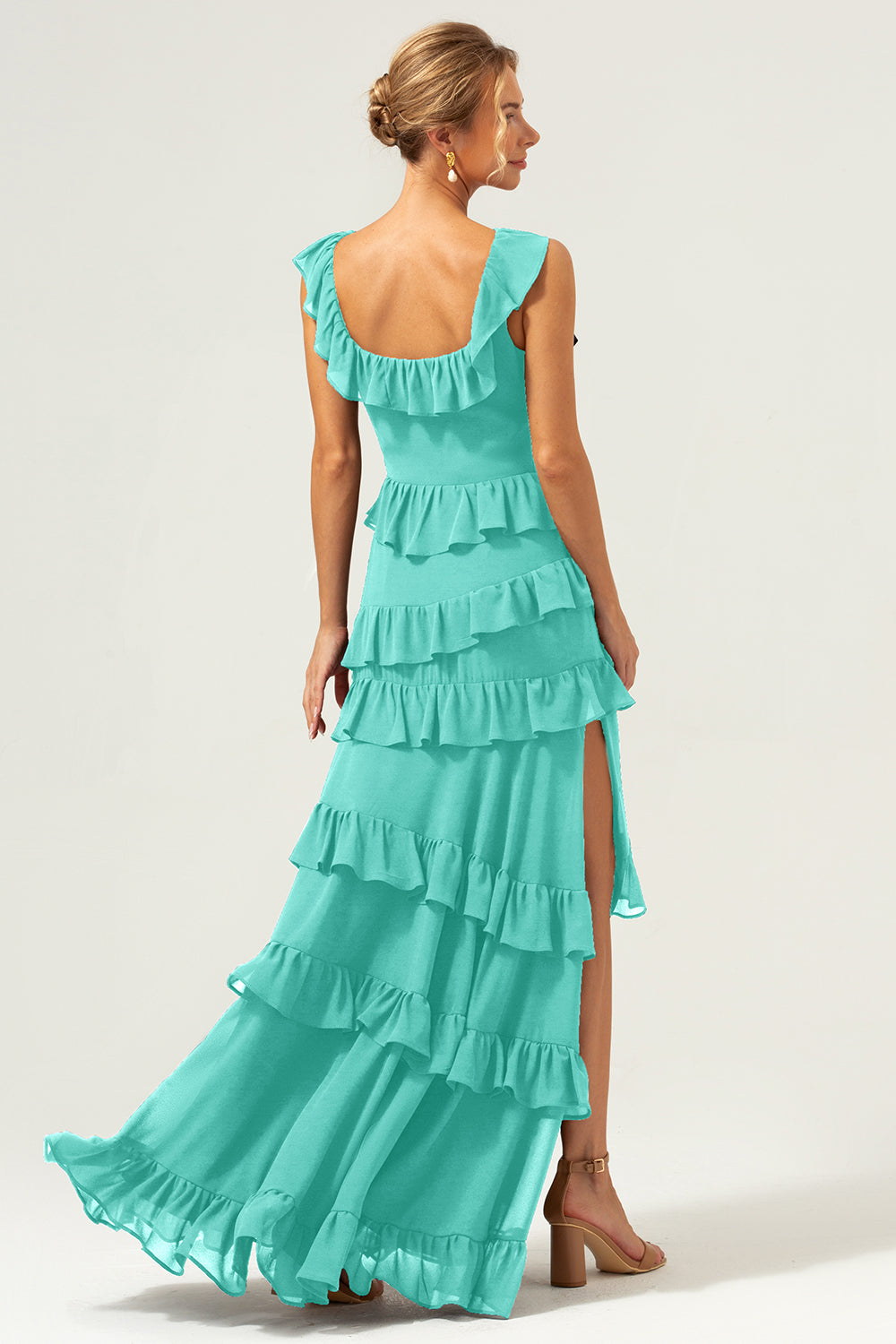 Dark Navy A Line Tiered Chiffon Maxi Bridesmaid Dress