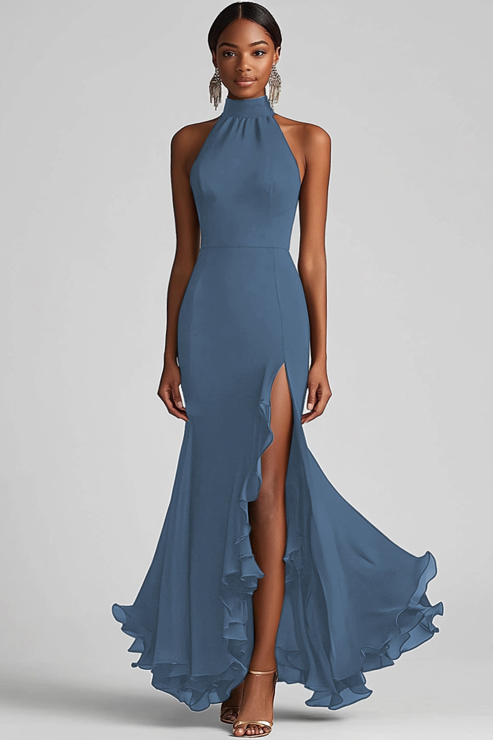 Black Halter Mermaid Formal Dress with Ruffle Hem