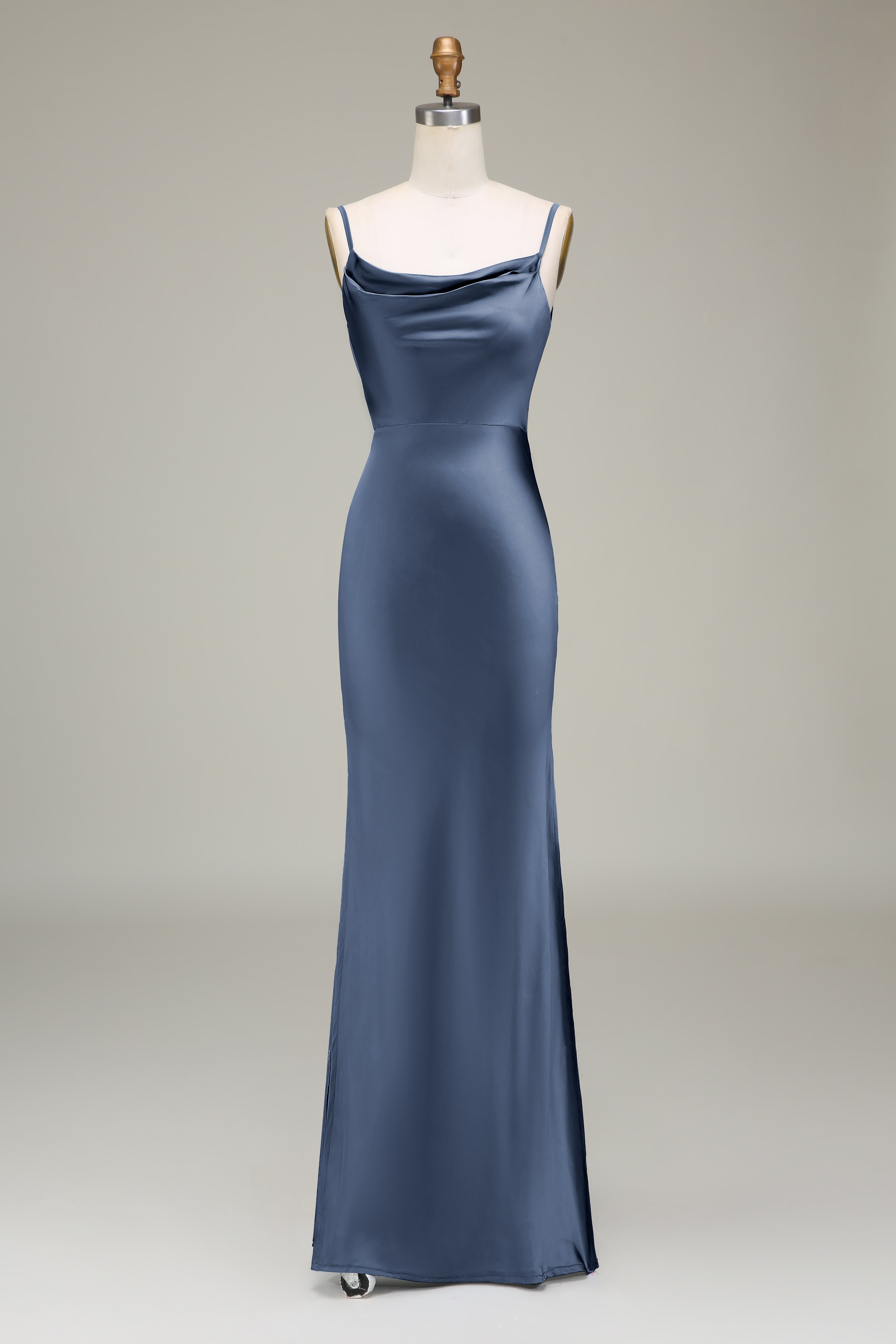 Dusty Blue Sheath Cowl Neck Satin Maxi Dress with Slit