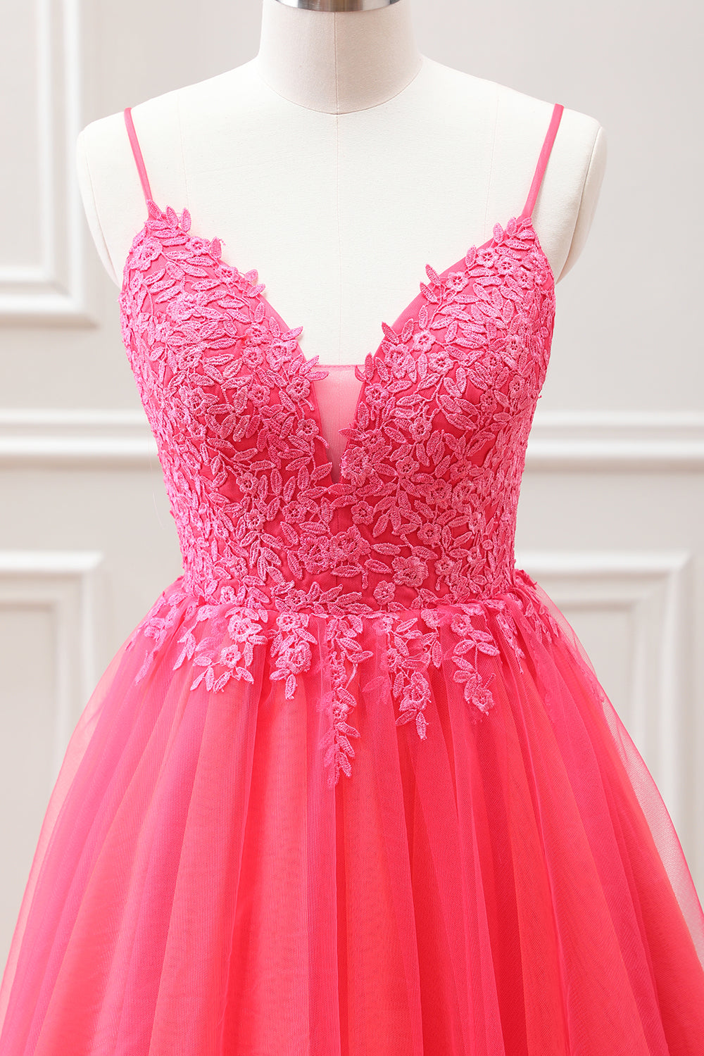 Cute Hot Pink A Line Tulle Mini Dress with Floral Appliques