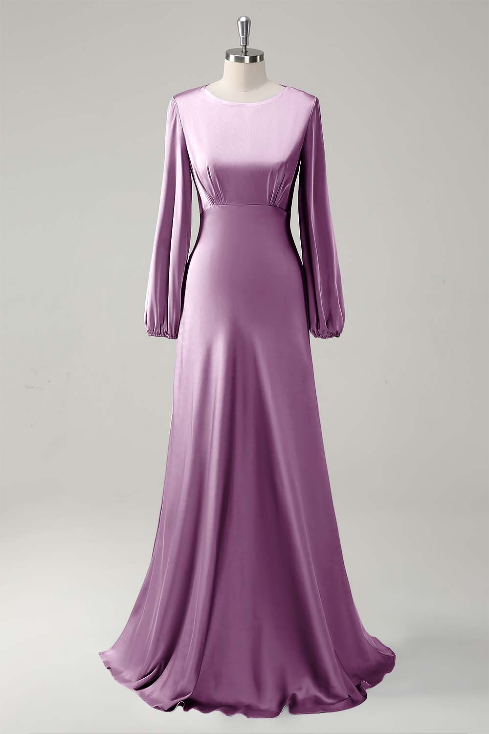 Eucalyptus Satin Round Neck Modest Bridesmaid Dress with Long Sleeves