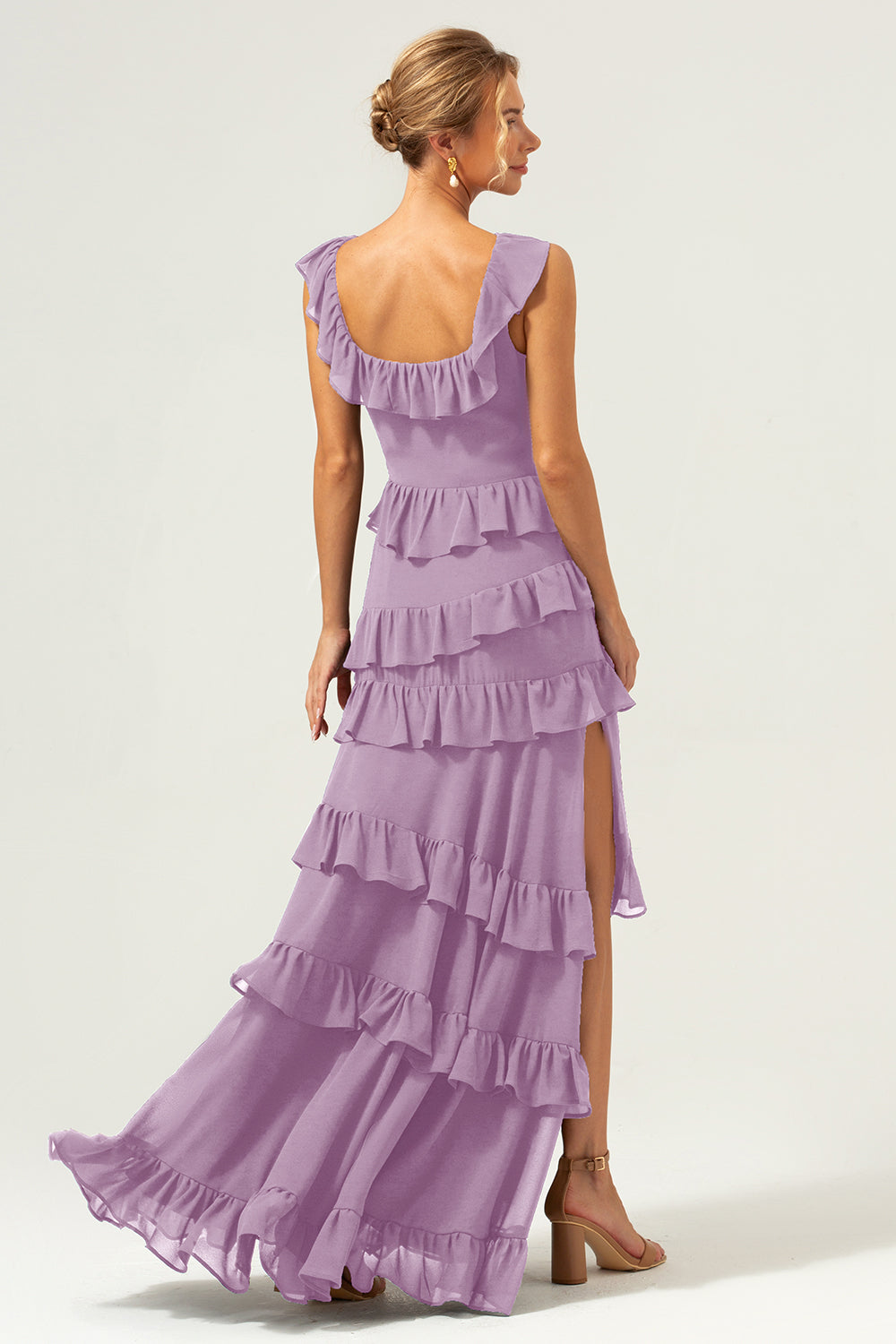 Dark Navy A Line Tiered Chiffon Maxi Bridesmaid Dress