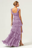 Dark Navy A Line Tiered Chiffon Maxi Bridesmaid Dress