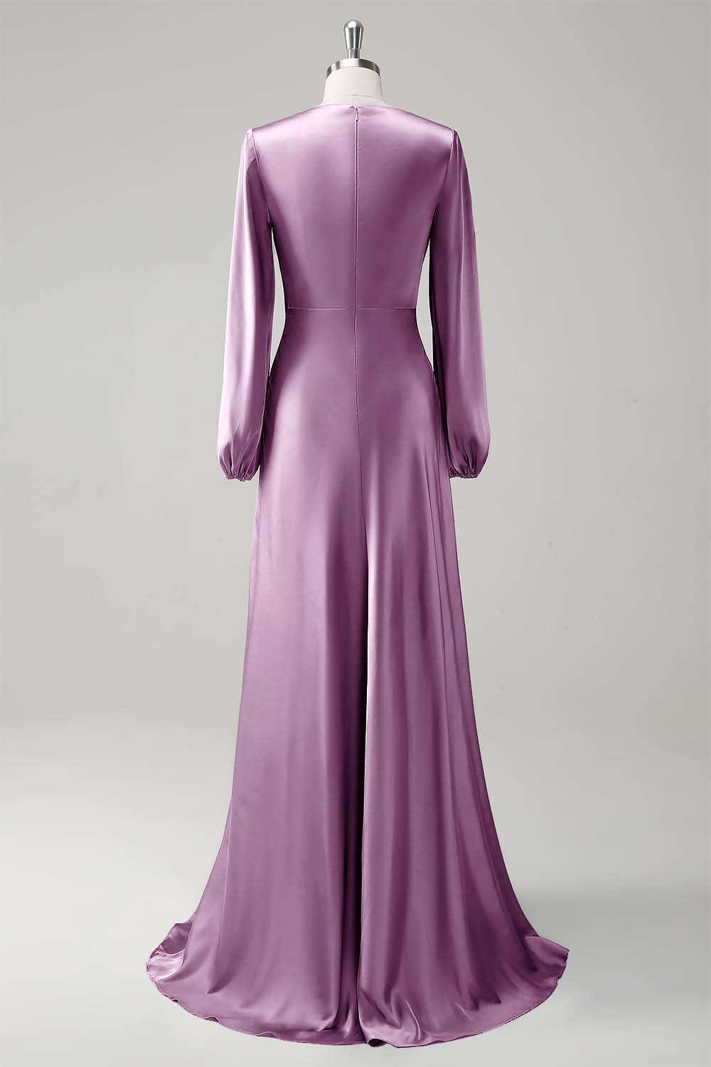Eucalyptus Satin Round Neck Modest Bridesmaid Dress with Long Sleeves