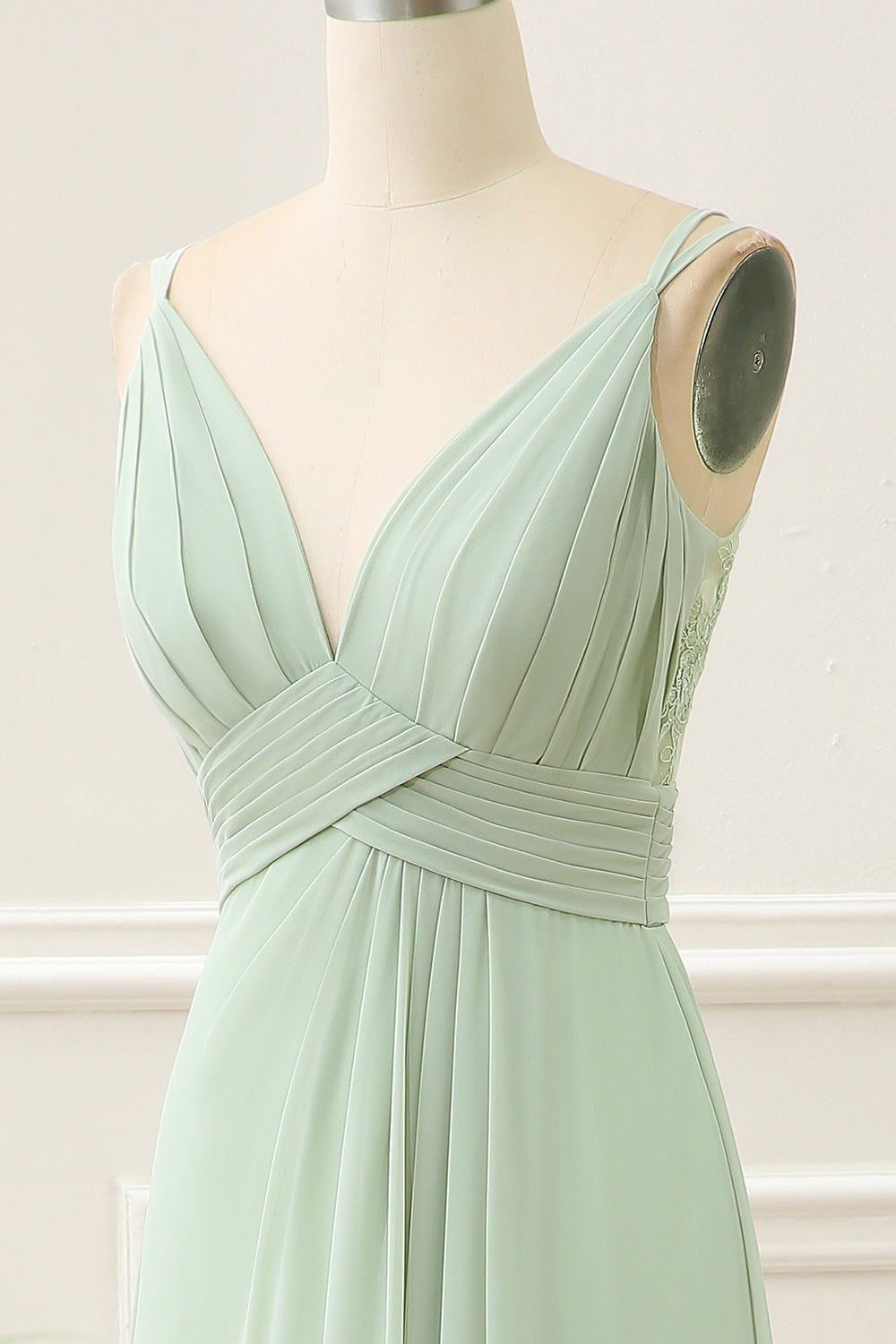 Dusty Sage A Line Spaghetti Straps Pleated Chiffon Maxi Dress