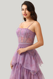 Purple Tulle Spaghetti Straps Corset Maxi Dress