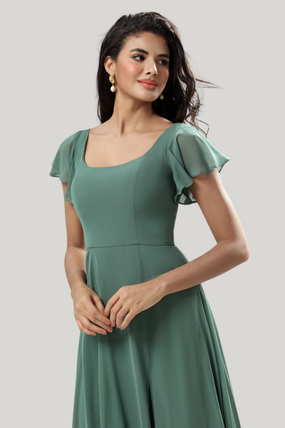 Berylove Women A-Line Eucalyptus Wedding Guest Dress Square Neck Ruffles Long Bridesmaid Dress with Slit, Eucalyptus / custom Berylove Women A-Line Eucalyptus Wedding Guest Dress Square Neck Ruffles Long Bridesmaid Dress with Slit, Eucalyptus / custom