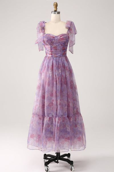 Berylove Women Purple Printed Bridesmaid Dress with Pleated A Line Tea-Length Wedding Party Guest Dress, Purple / US10