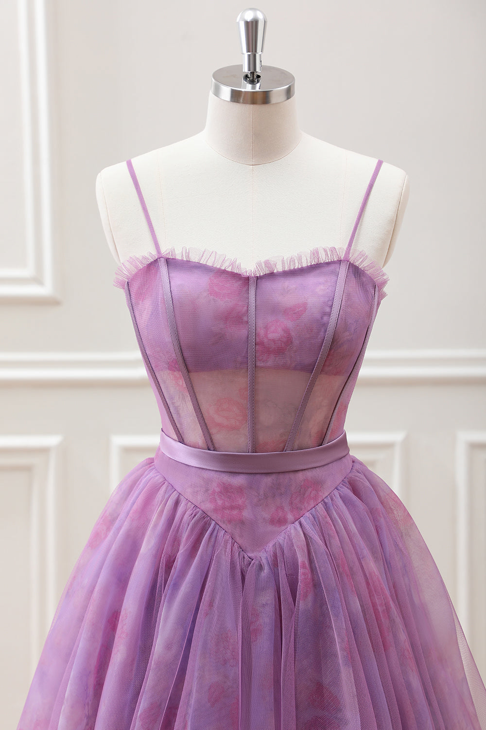 Cute Purple A Line Spaghetti Straps Floral Corset Mini Dress