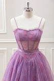Cute Purple A Line Spaghetti Straps Floral Corset Mini Dress