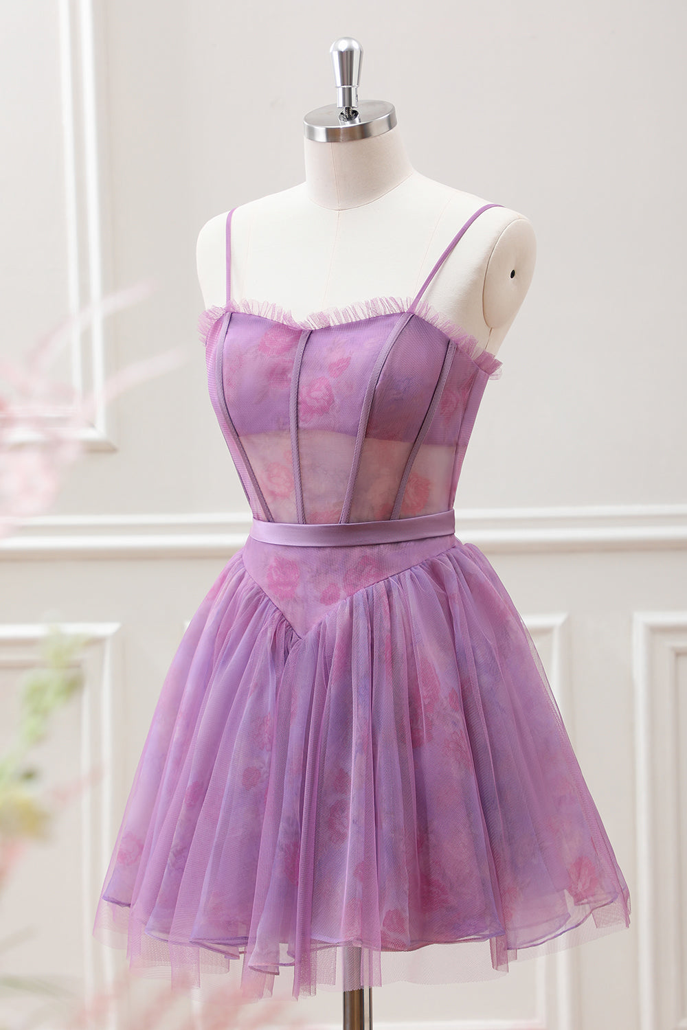 Cute Purple A Line Spaghetti Straps Floral Corset Mini Dress