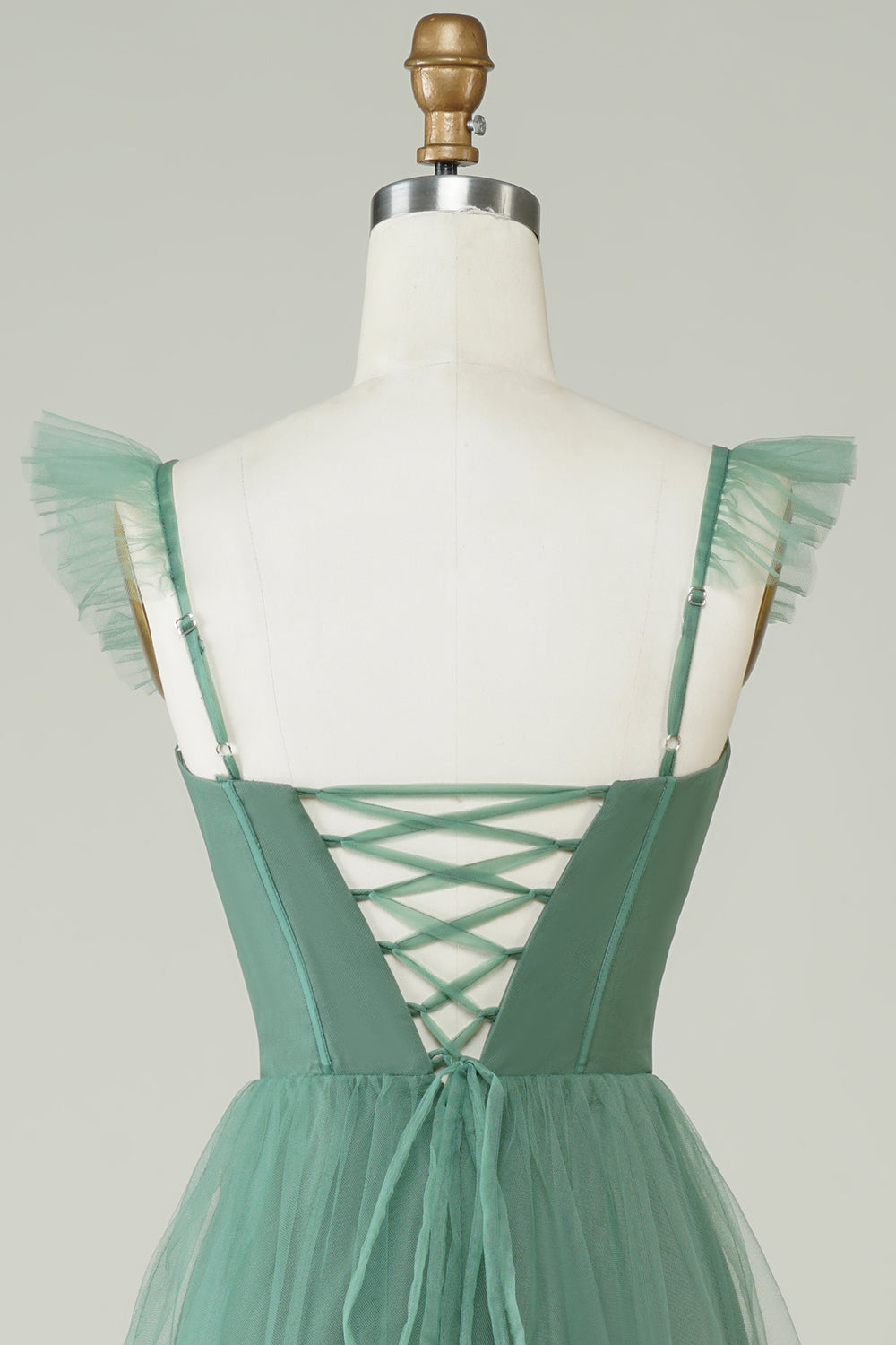 Dusty Blue A Line Tiered Tulle Corset Maxi Dress with Slit