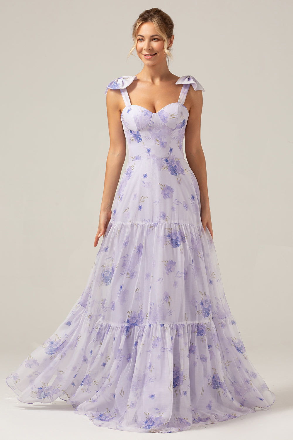 Lilac Corset Floral A Line Maxi Dress with Lace Up Back