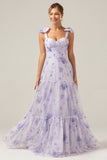 Lilac Corset Floral A Line Maxi Dress with Lace Up Back
