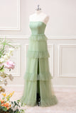 Matcha A-Line Strapless Maxi Dress with Ruffles