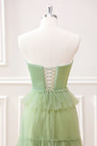 Matcha A-Line Strapless Maxi Dress with Ruffles