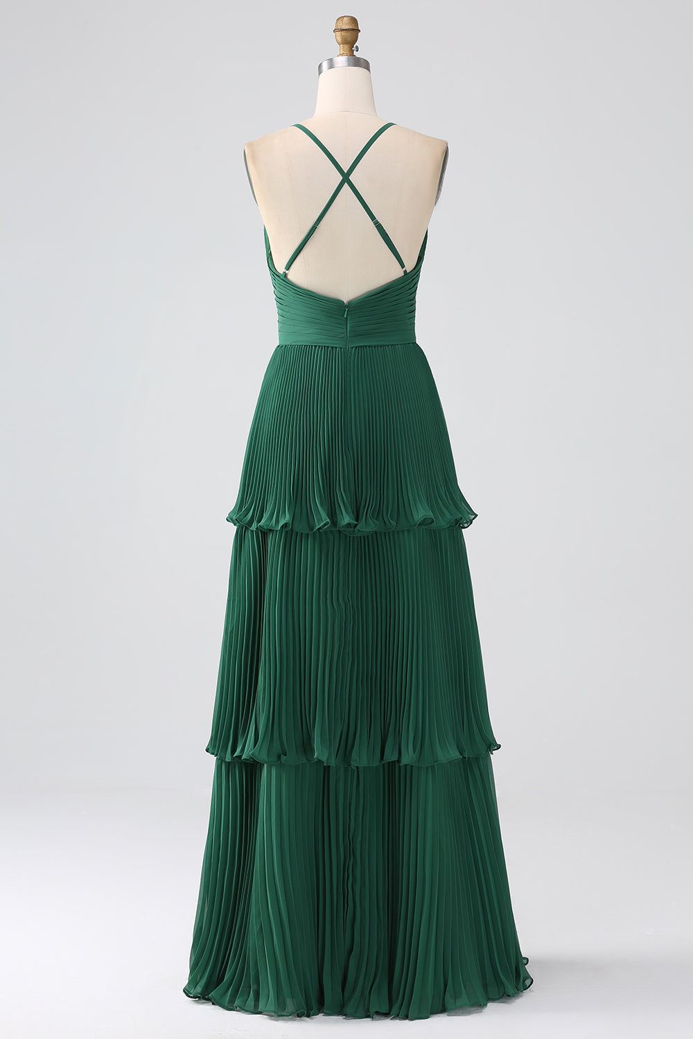 A Line Dark Green Tiered Chiffon Maxi Dress with Pleated