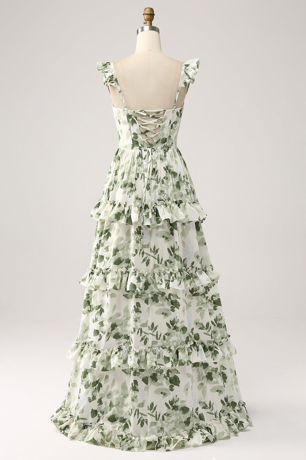 Green A Line Floral Ruffles Tiered Maxi Dress with Slit