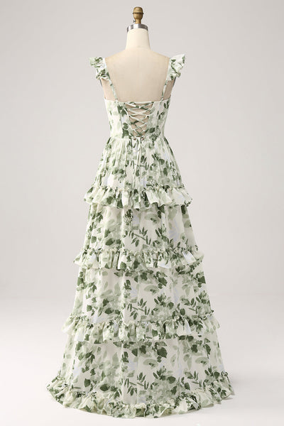 green and white dress Berylove Women Ruffles Tiered Bridesmaid Dress with Slit Green Floral A Line Maxi Wedding Party Guest Dress, Green / US24W