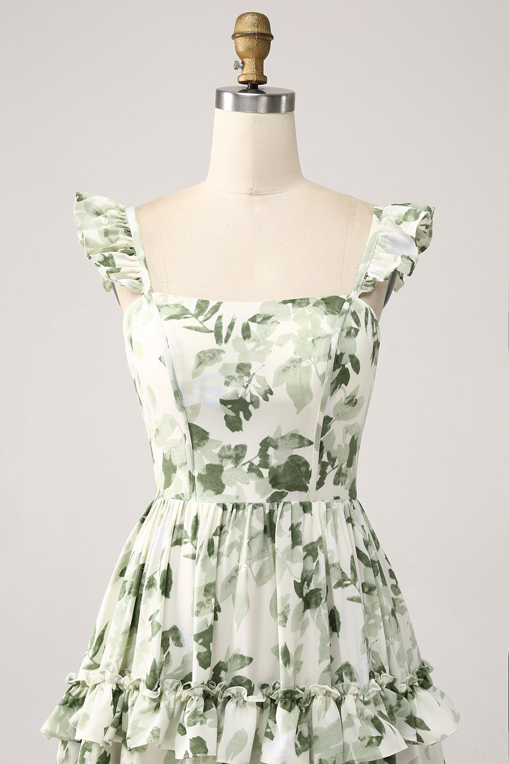 Green A Line Floral Ruffles Tiered Maxi Dress with Slit