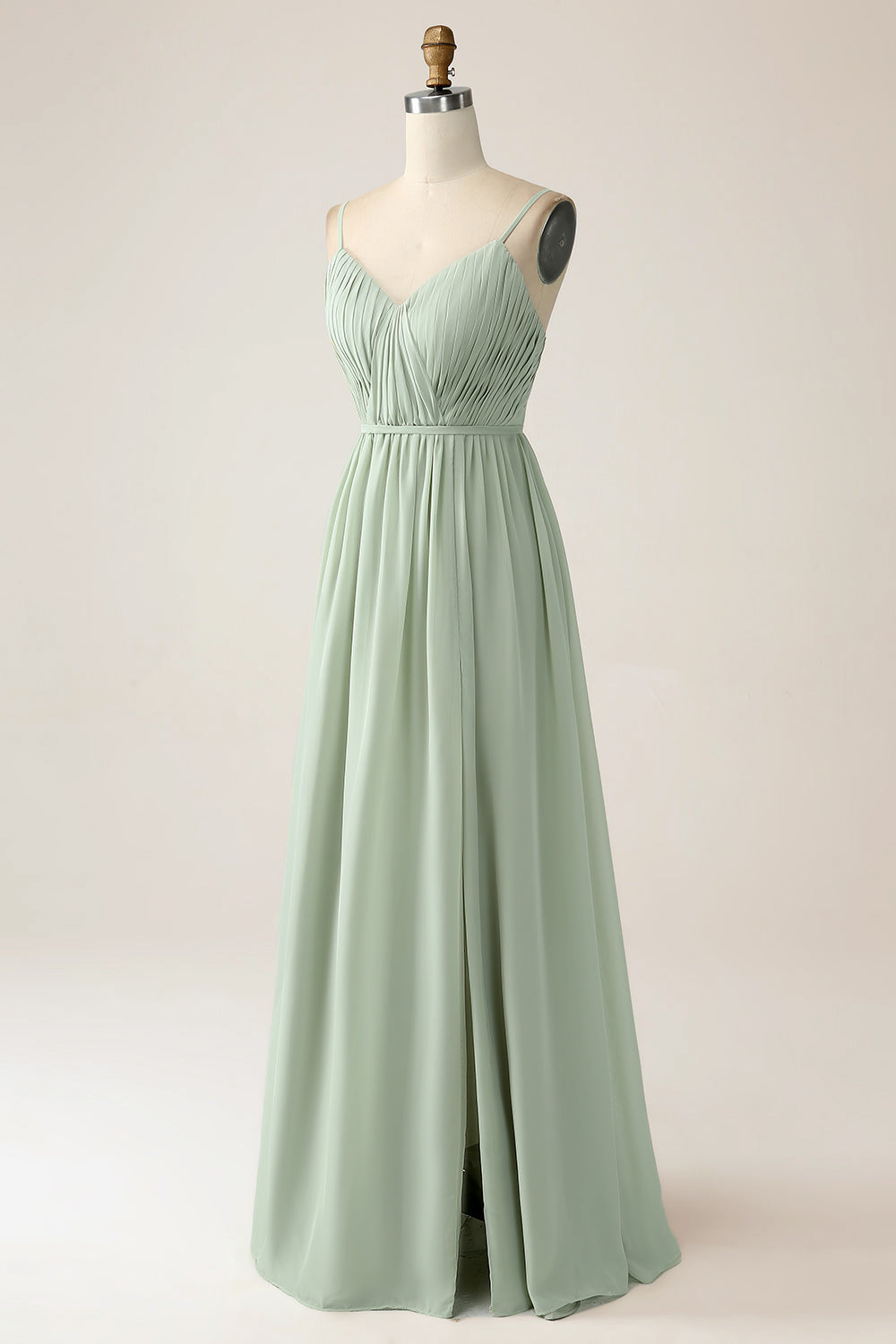 A-Line Dusty Sage Chiffon Spaghetti Straps Maxi Dress with Slit