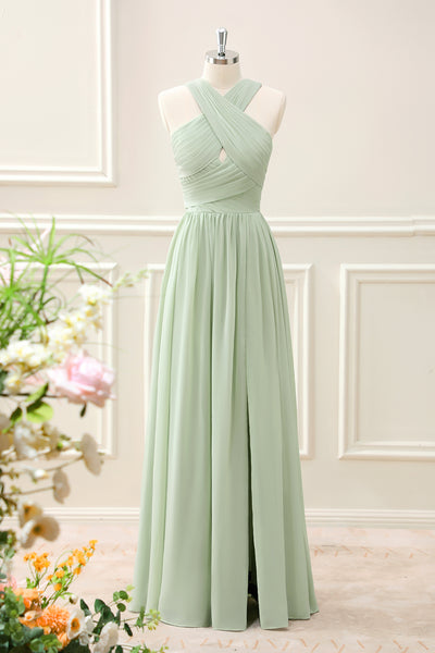 Berylove Women Sage Green Maxi Bridesmaid Dress with Pleated Halter Chiffon A Line Wedding Party Guest Dress Berylove Women Sage Green Maxi Bridesmaid Dress with Pleated Halter Chiffon A Line Wedding Party Guest Dress