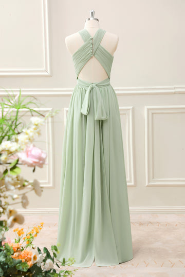 A Line Halter Chiffon Sage Green Pleated Maxi Dress with Slit