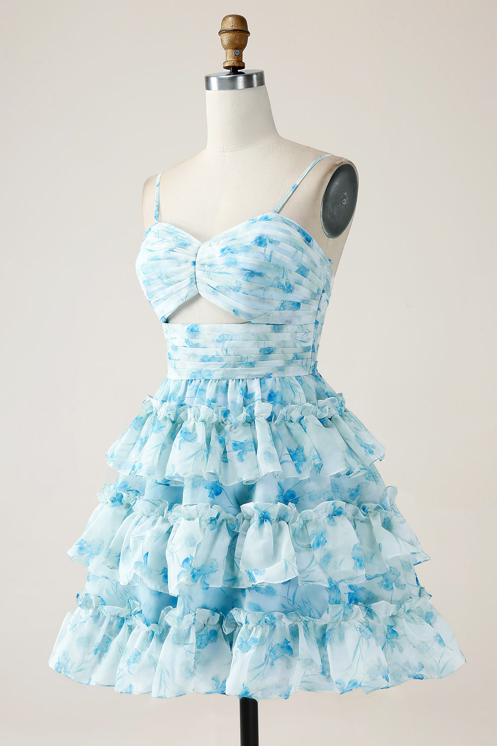 A-Line Spaghetti Straps Tiered Blue Floral Mini Dress