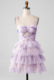 Lavender Flower A-Line Spaghetti Straps Tiered Pleated Mini Dress