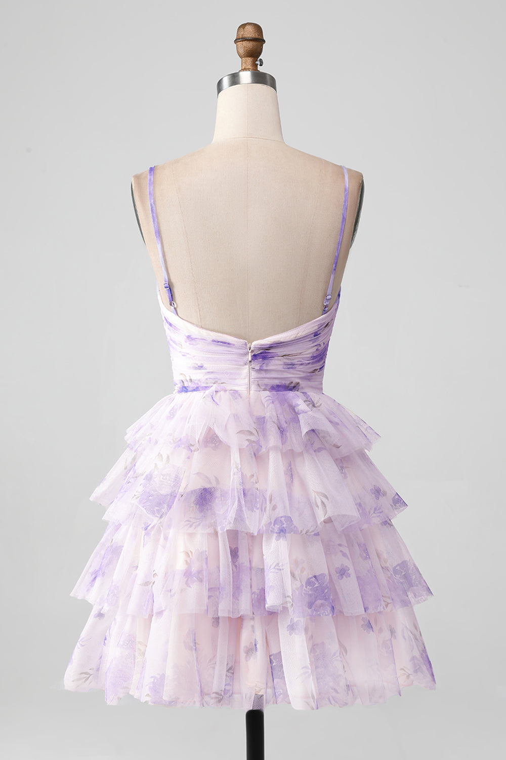 Lavender Flower A-Line Spaghetti Straps Tiered Pleated Mini Dress