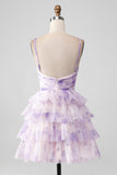 Lavender Flower A-Line Spaghetti Straps Tiered Pleated Mini Dress