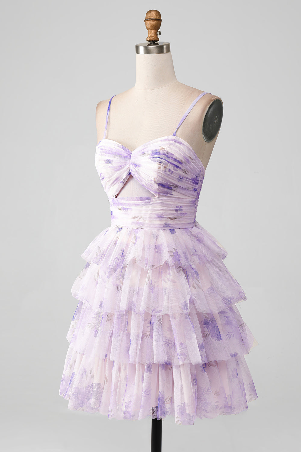 Lavender Flower A-Line Spaghetti Straps Tiered Pleated Mini Dress