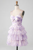 Lavender Flower A-Line Spaghetti Straps Tiered Pleated Mini Dress