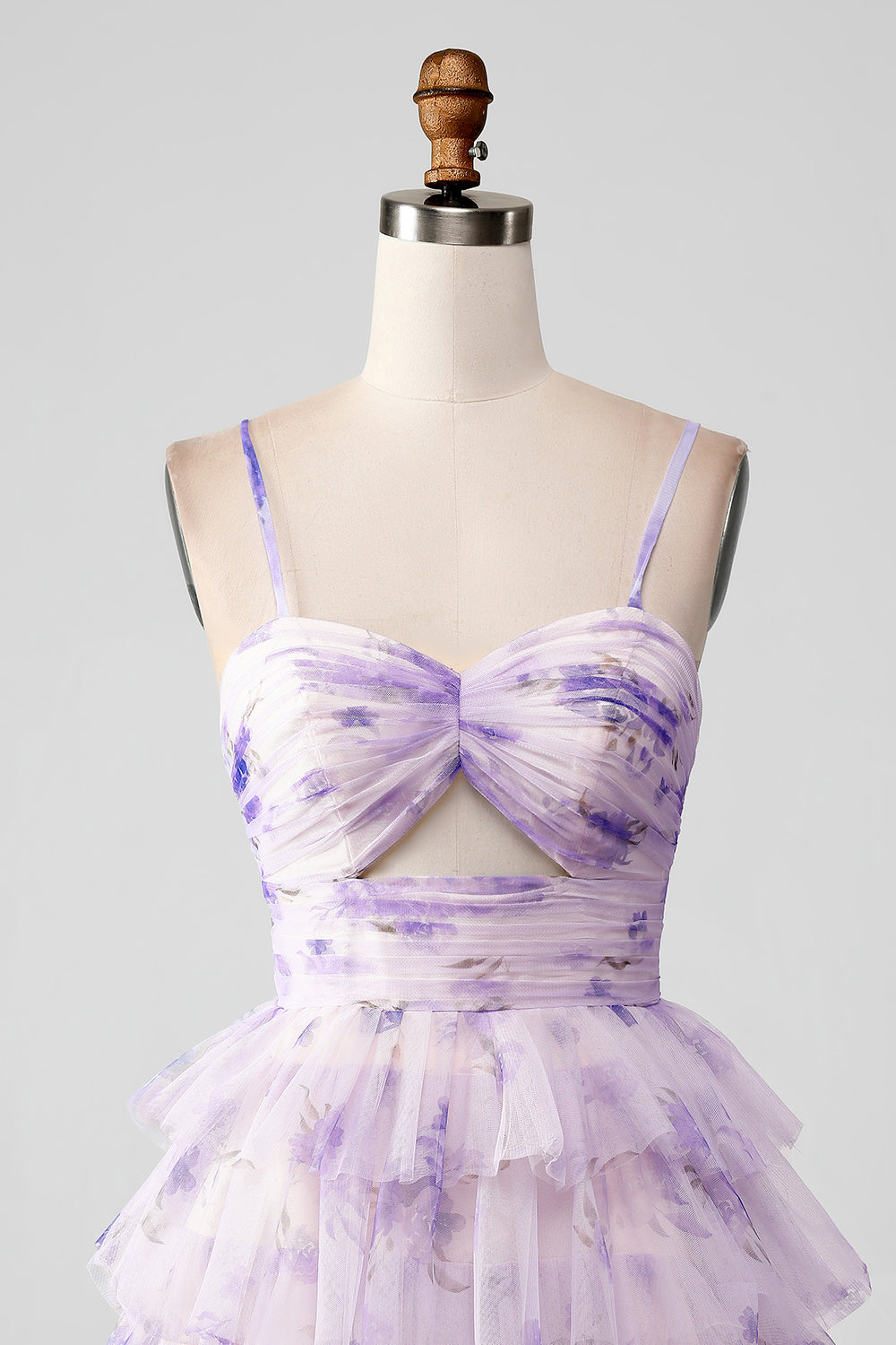 Lavender Flower A-Line Spaghetti Straps Tiered Pleated Mini Dress
