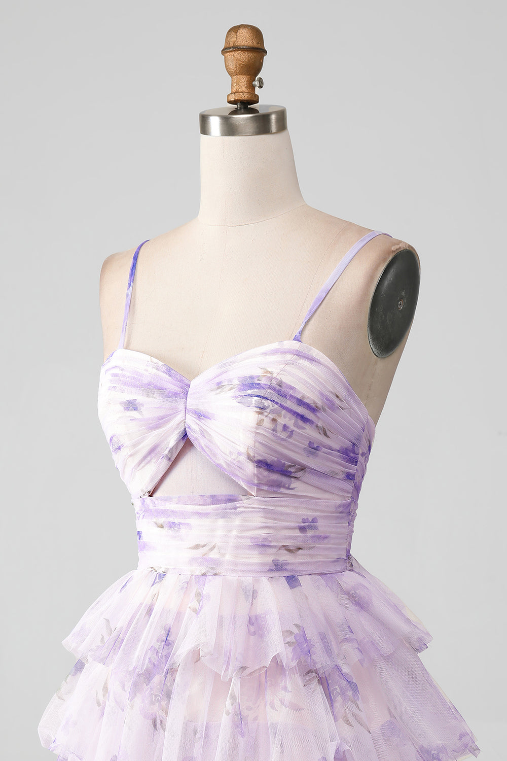 Lavender Flower A-Line Spaghetti Straps Tiered Pleated Mini Dress
