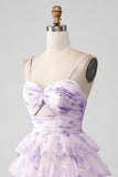 Lavender Flower A-Line Spaghetti Straps Tiered Pleated Mini Dress