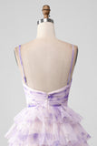 Lavender Flower A-Line Spaghetti Straps Tiered Pleated Mini Dress