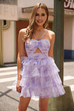 Printed Lavender Flower Tiered Tulle A-Line Homecoming Dress