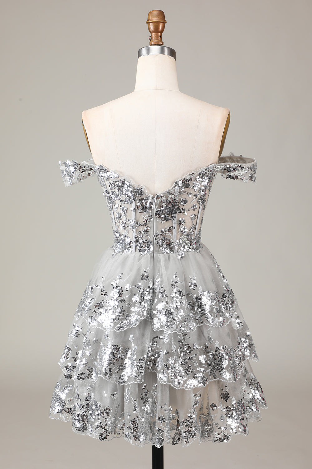 Black Pink A Line Sequined Corset Tiered Off the Shoulder Mini Dress
