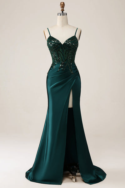 dark green slit dress Dark Green One Shoulder Long Sleeve Prom Dress Sequins With Slit