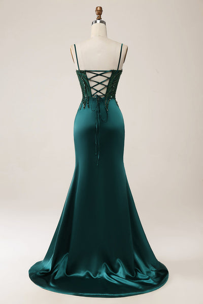 Berylove Women Wedding Guest Dress Sparkly Dark Green Mermaid Sequin  Pleated Corset Prom Dress with Slit