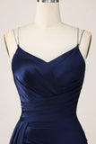 Navy Mermaid Spaghetti Straps Pleated Corset Maxi Dress with Slit