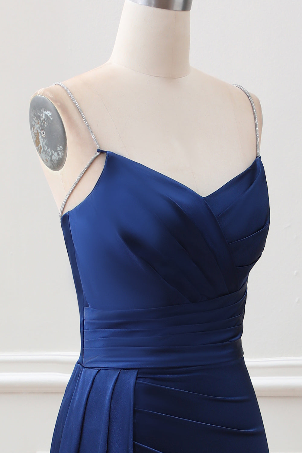 Navy Mermaid Spaghetti Straps Pleated Corset Maxi Dress With Slit